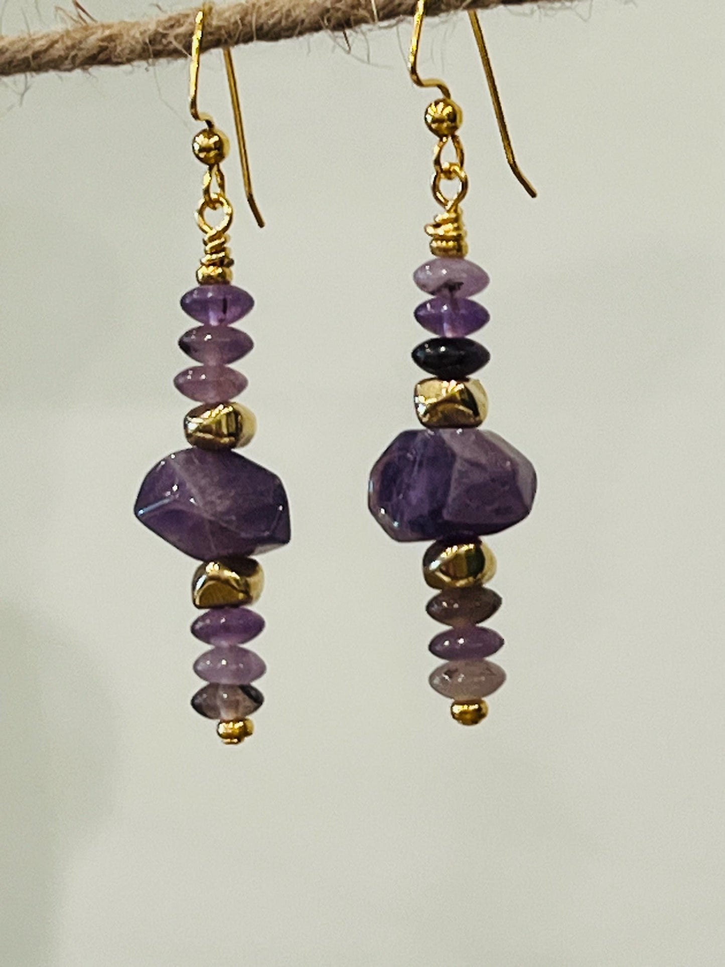 Amethyst Beaded Earrings Purple and Gold Earrings 2.5 inch Non-tarnish Gold Plated Pewter Post Drop Earrings  Amethyst Faceted Stones