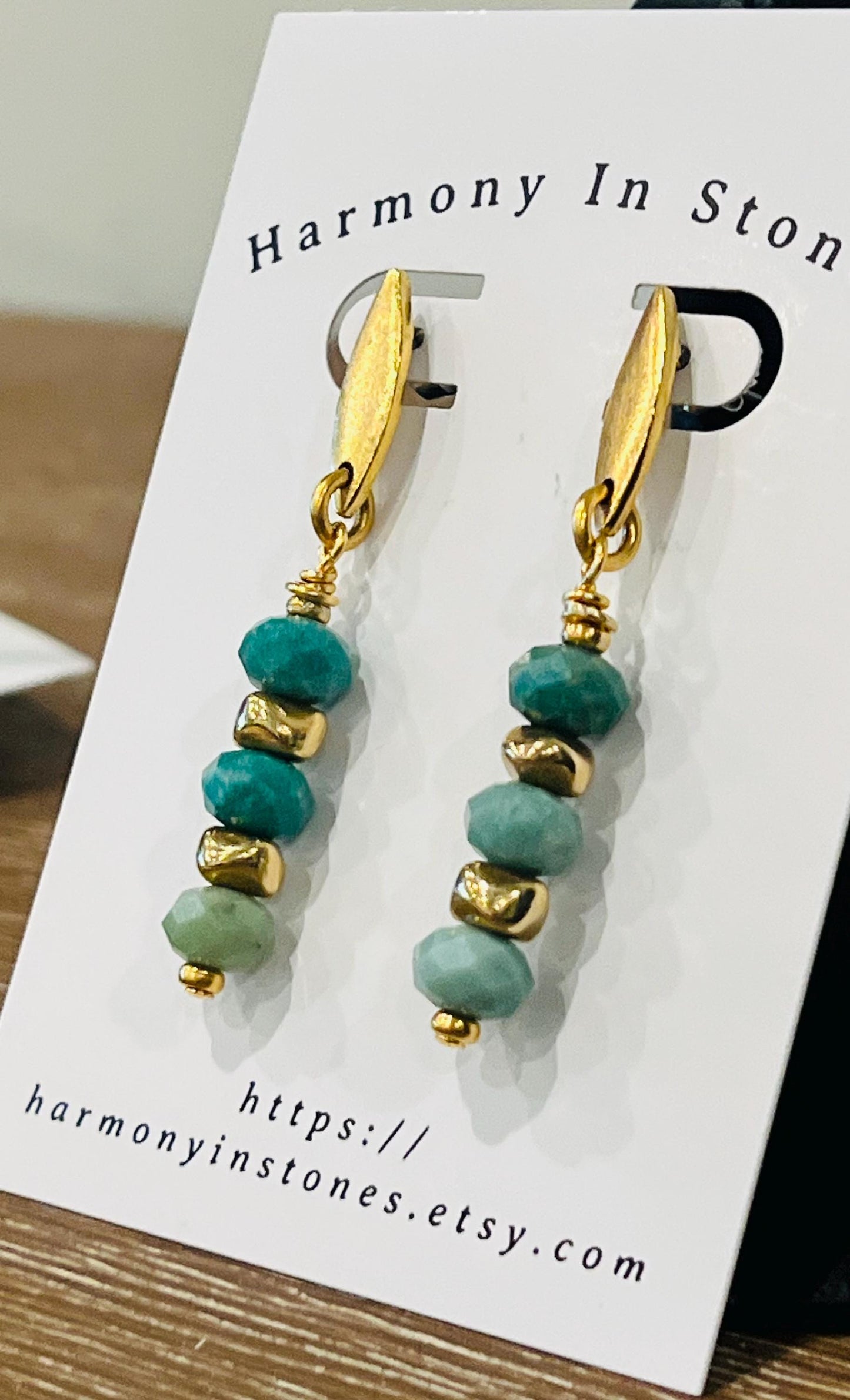 Chrysoprase Beaded Drop Earrings Non-Tarnish Gold Plated Pewter Beads/Post Earrings Natural Semi-Precious Gemstones Dangle Boho 2 inch
