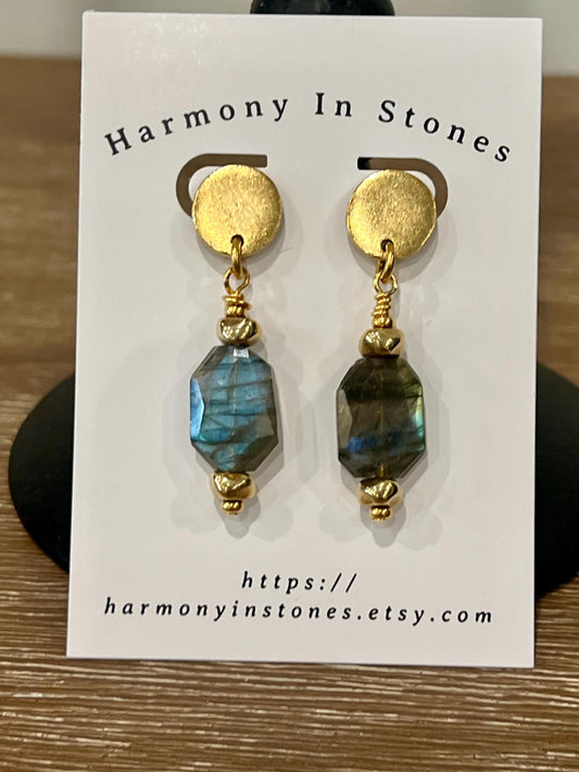 Labradorite Beaded Earrings Non-tarnish Gold Plated Pewter Post Drop Earrings Faceted Stones Faceted Labradorite 2 inches in Length