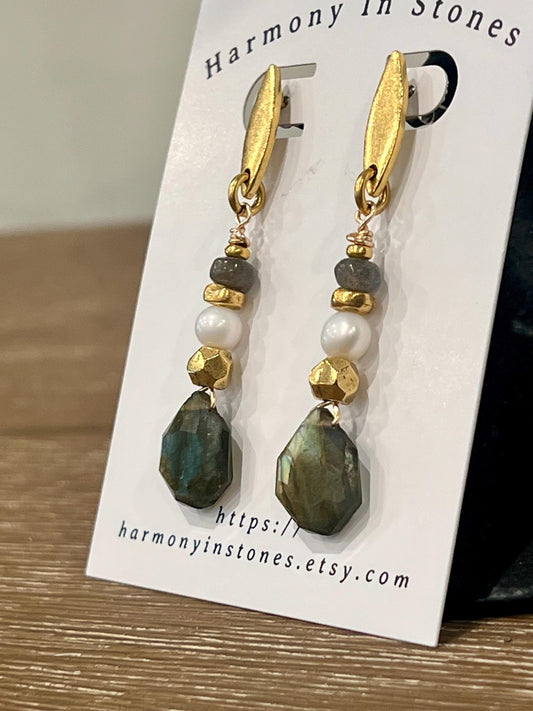 Labradorite and Pearl Beaded Earrings Non-tarnish Gold Plated Pewter Post Drop Earrings Labradorite Faceted Stones  Drop Earrings 2.25