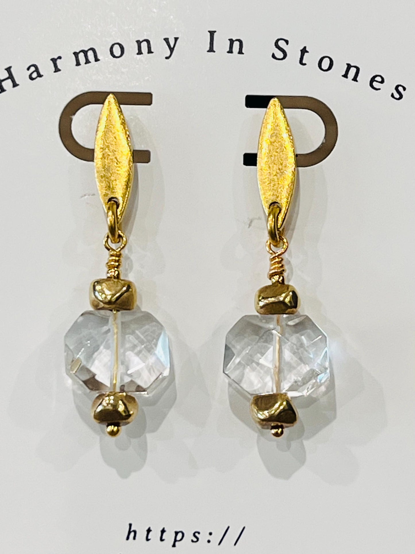 Clear Quartz Drop Earrings: Gold Plated Pewter, Faceted Crystal