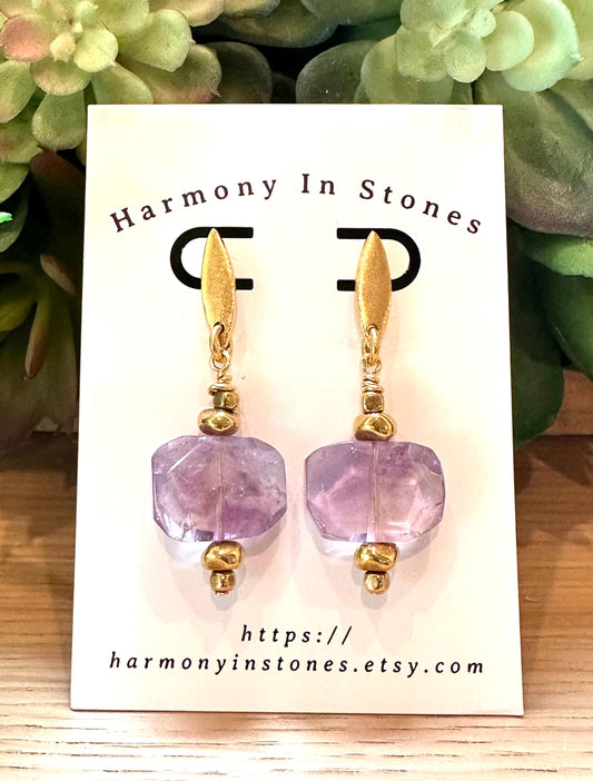 Ametrine Drop Earrings: Gold Plated Pewter, Faceted Navette - 2 inch