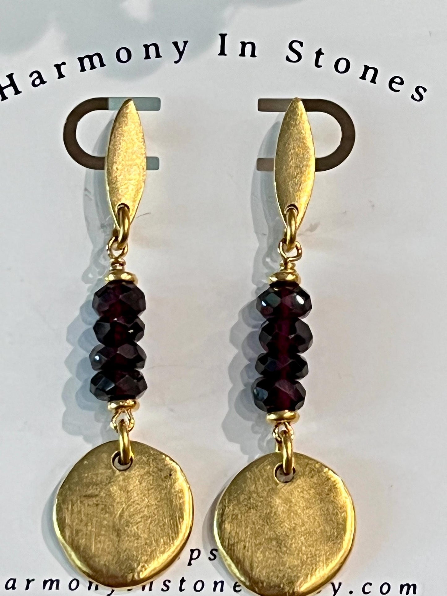Garnet And Gold Coin Drop Earrings 2.5 inches in Length Non-Tarnish Gold Plated Pewter Coin Drops Bohemian Earrings Boho