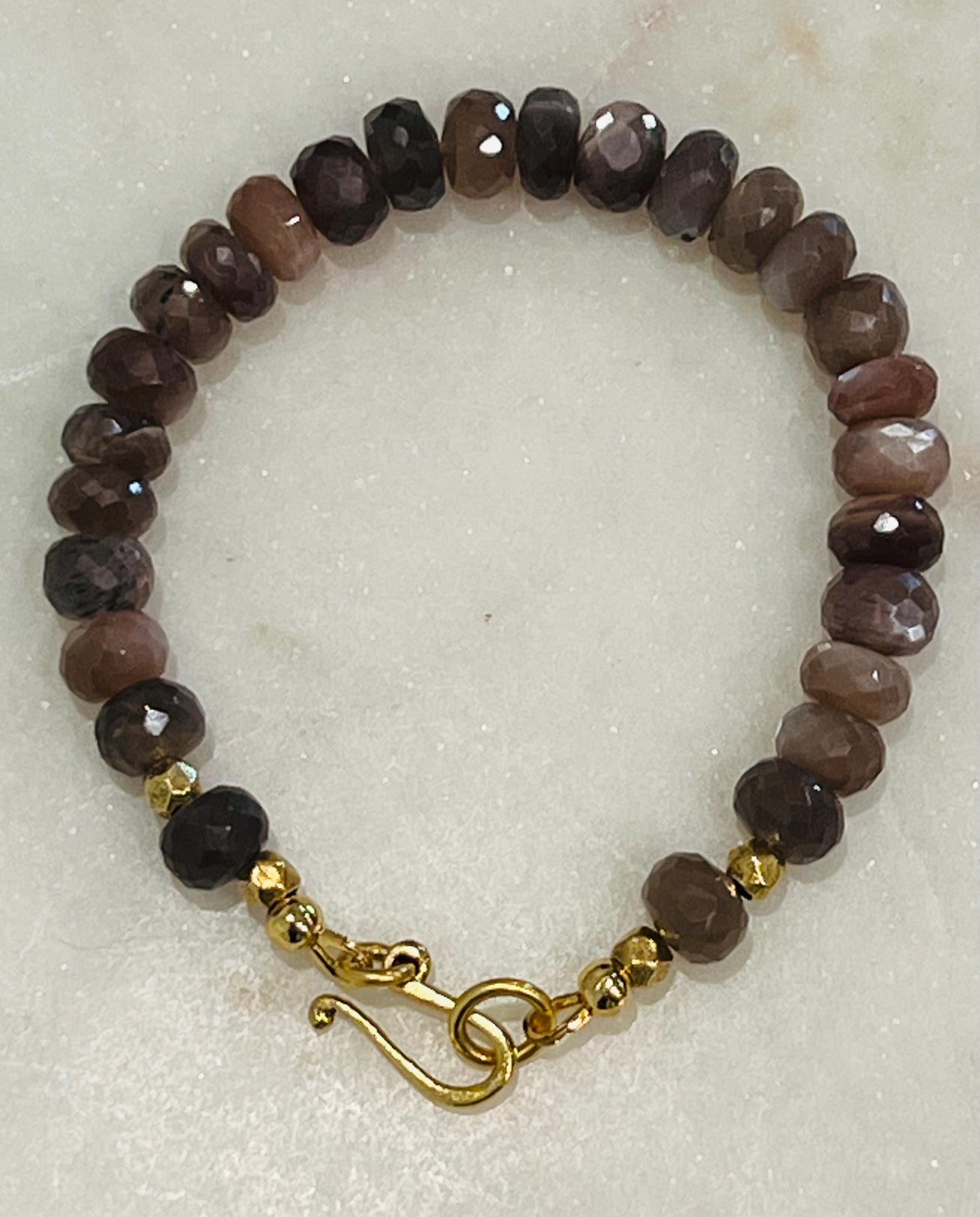 Sparkling Faceted Chocolate Moonstone Bracelet with Non-Tarnish Gold Plated Pewter Clasp and Accent Beads 8mm Rondelle Moonstone Gemstones