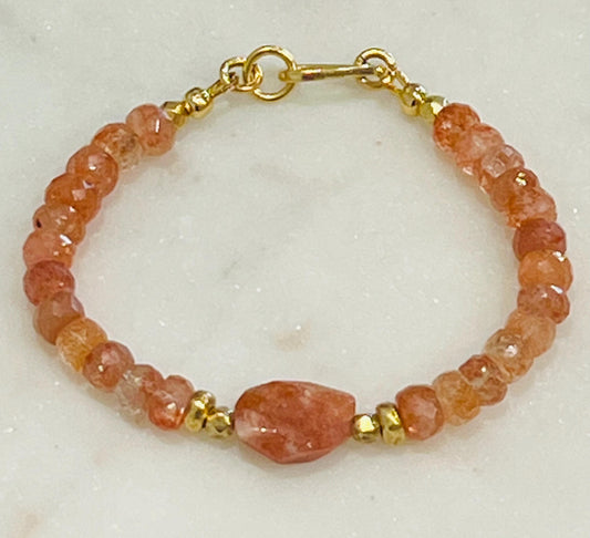 Sparkling Sunstone Faceted Bracelet with Non-Tarnish Gold Plated Pewter Clasp and Accent Beads Semi-Precious Natural Gemstone Bracelet