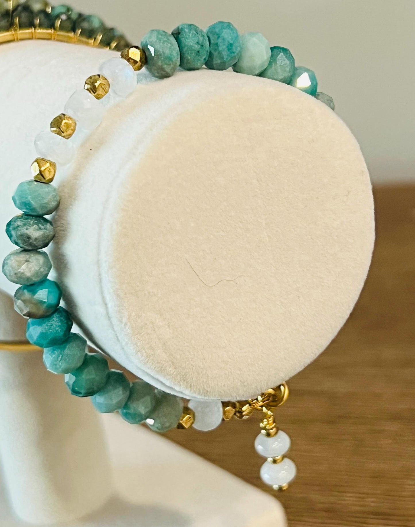 Chrysoprase and Rainbow Moonstone Beaded Bracelet Non-Tarnish Gold Plated Pewter Clasp and Accent Beads Faceted Natural Gemstones