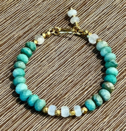 Chrysoprase and Rainbow Moonstone Beaded Bracelet Non-Tarnish Gold Plated Pewter Clasp and Accent Beads Faceted Natural Gemstones