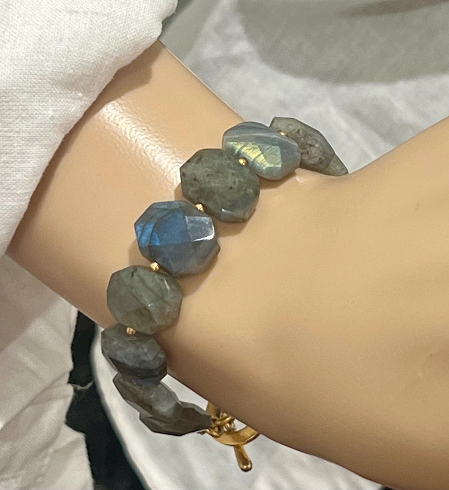 Labradorite Bracelet Labradorite Beaded Chunky Bracelet Non-Tarnish Gold Plated Pewter Toggle Gorgeous Labradorite Stones Elegant Bracelet