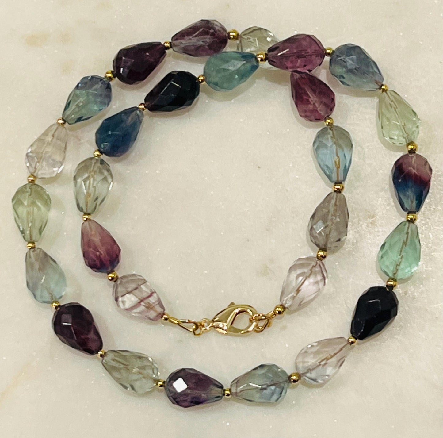 Fluorite Beaded Necklace Sparkling Faceted Tear Shape High Quality Fluorite Necklace with 18k Gold Filled Clasp and Beads AAA Fluorite