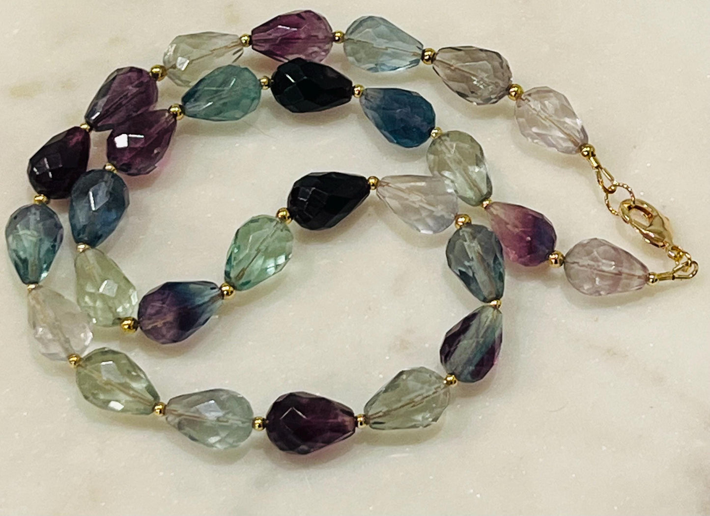 Fluorite Beaded Necklace Sparkling Faceted Tear Shape High Quality Fluorite Necklace with 18k Gold Filled Clasp and Beads AAA Fluorite