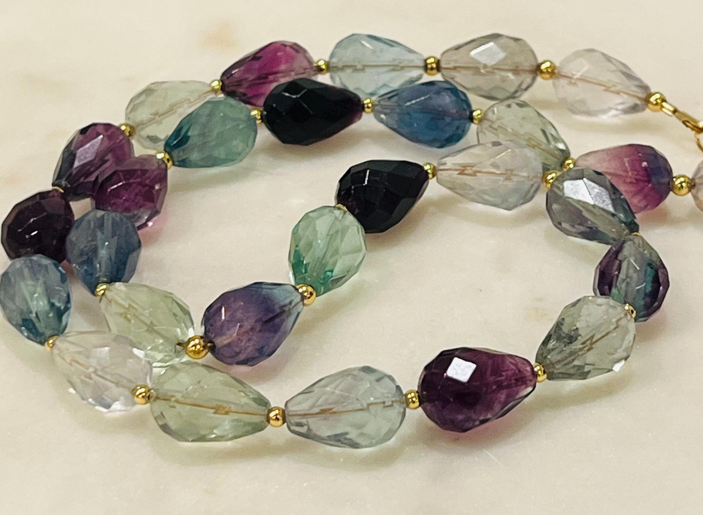 Fluorite Beaded Necklace Sparkling Faceted Tear Shape High Quality Fluorite Necklace with 18k Gold Filled Clasp and Beads AAA Fluorite