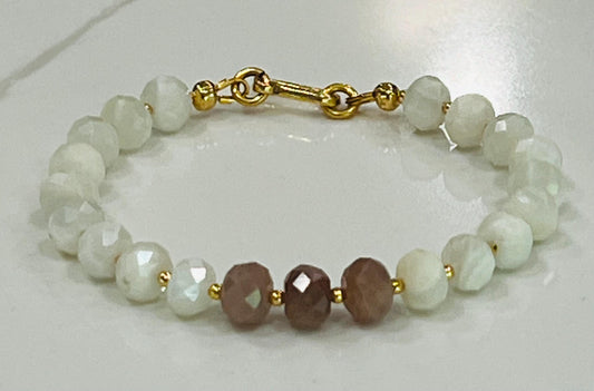 Rainbow Moonstone and Sunstone Beaded Bracelet Non-Tarnish Clasp/Accent Beads Sparkling Faceted Moonstone Bracelet