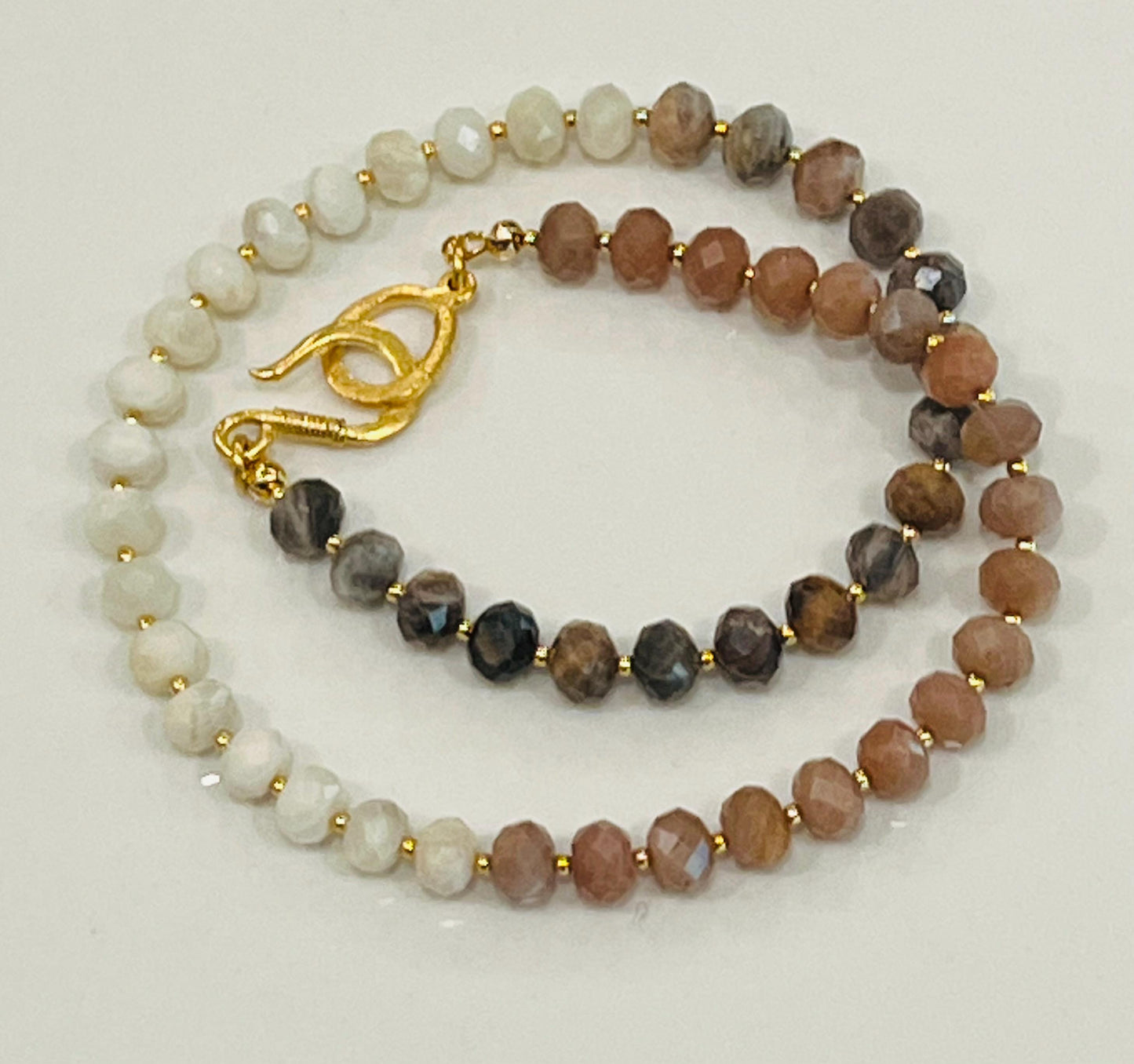 Moonstone and Sunstone Beaded Necklace Rainbow Moonstone Black Moonstone and Sunstone Faceted Rondelle Natural Gemstone Necklace Gold Clasp