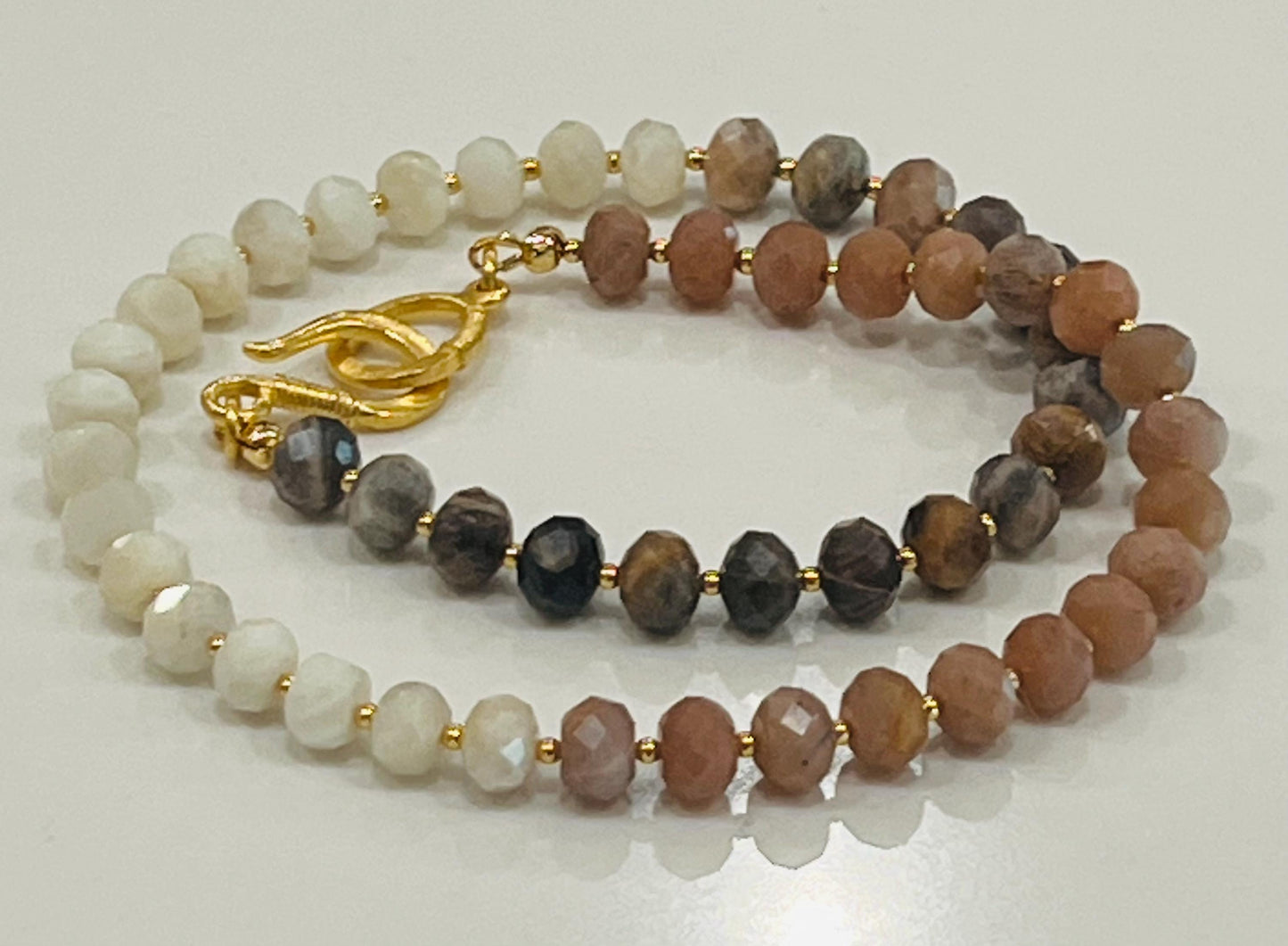 Moonstone and Sunstone Beaded Necklace Rainbow Moonstone Black Moonstone and Sunstone Faceted Rondelle Natural Gemstone Necklace Gold Clasp