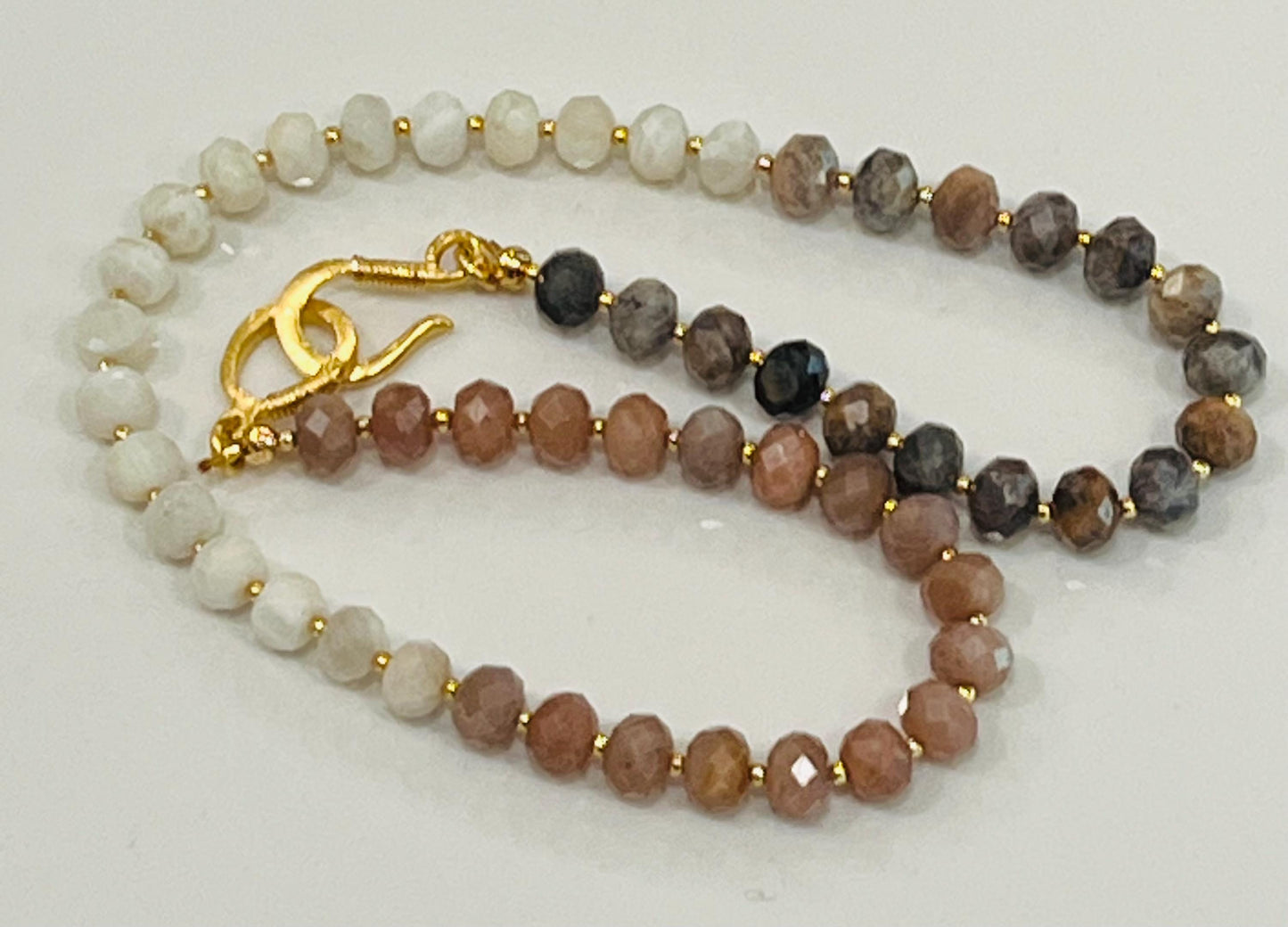 Moonstone and Sunstone Beaded Necklace Rainbow Moonstone Black Moonstone and Sunstone Faceted Rondelle Natural Gemstone Necklace Gold Clasp