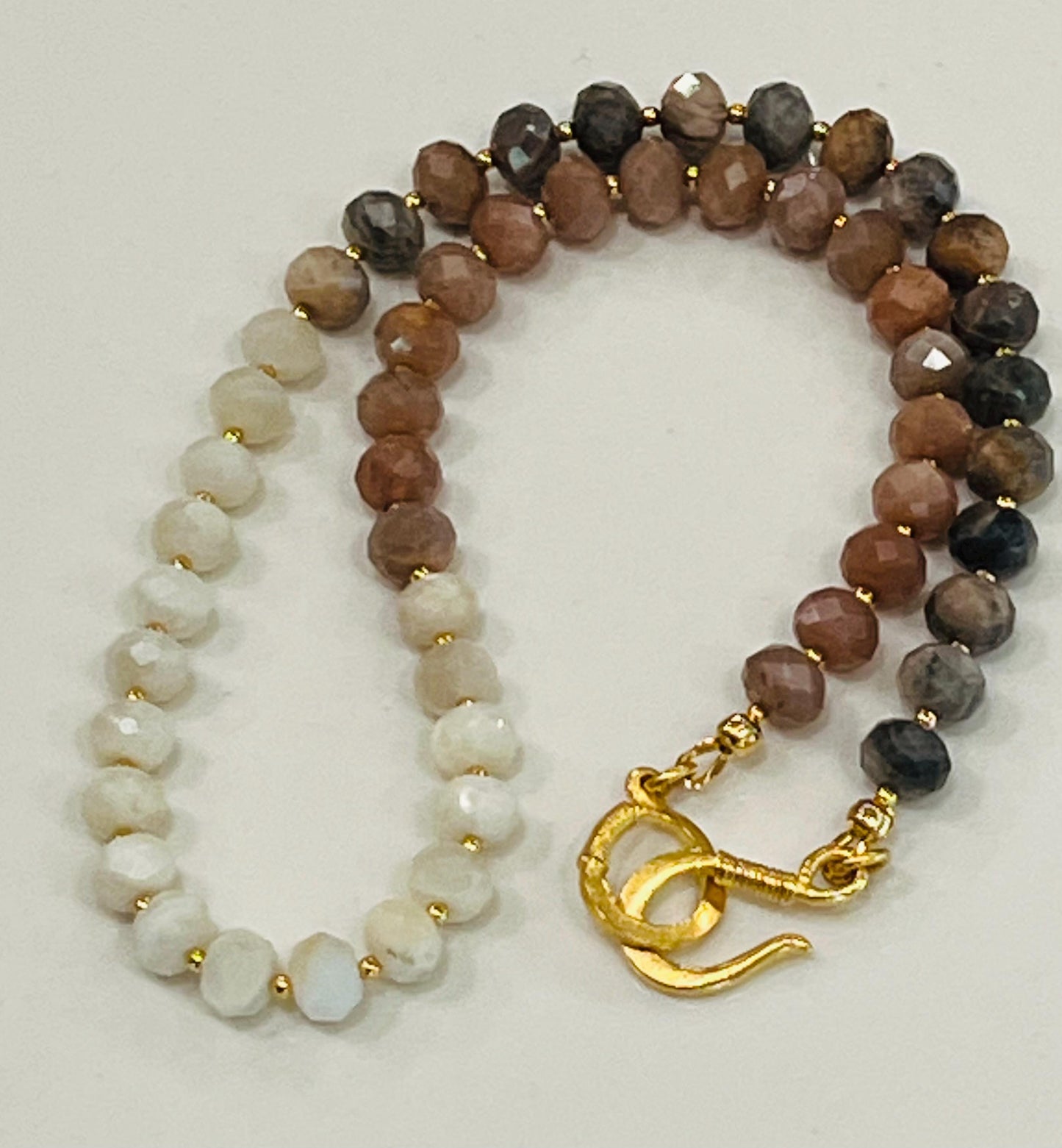 Moonstone and Sunstone Beaded Necklace Rainbow Moonstone Black Moonstone and Sunstone Faceted Rondelle Natural Gemstone Necklace Gold Clasp
