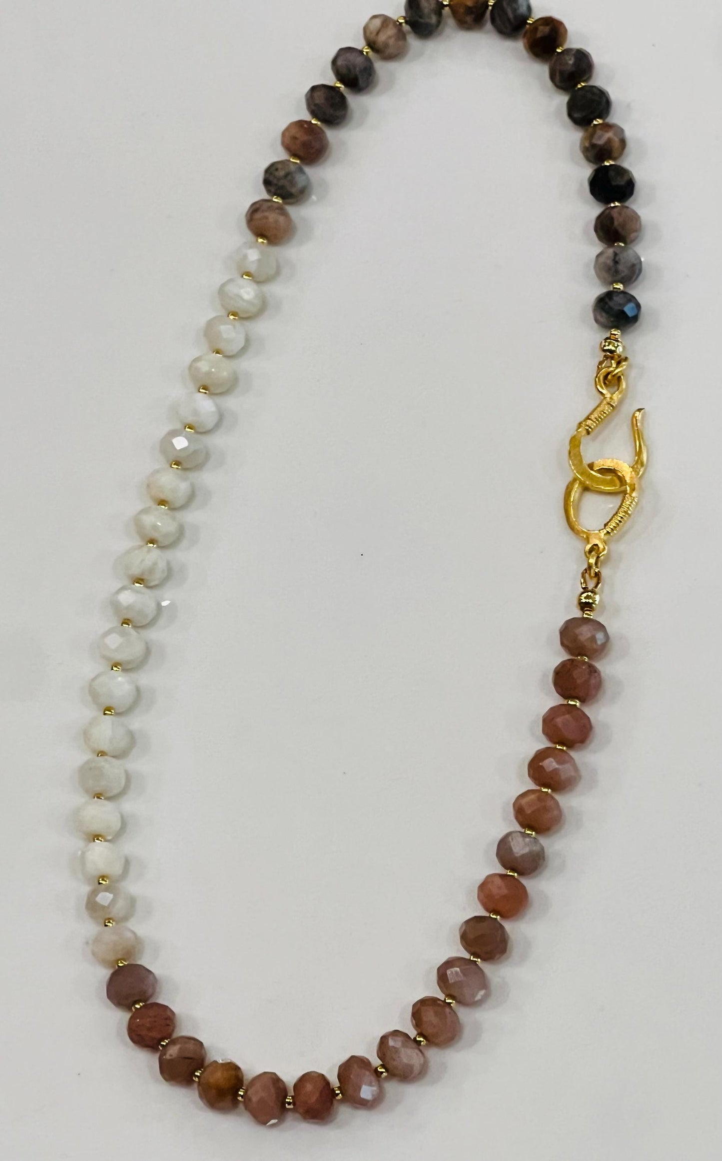 Moonstone and Sunstone Beaded Necklace Rainbow Moonstone Black Moonstone and Sunstone Faceted Rondelle Natural Gemstone Necklace Gold Clasp
