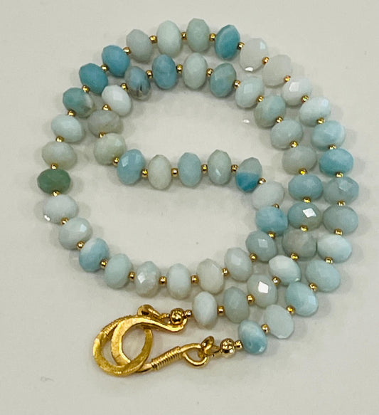 Amazonite Beaded Necklace with Gold Decorative Clasp 6x8mm Faceted Amazonite Stones Natural Gemstone Semi-Precious Bead Necklace