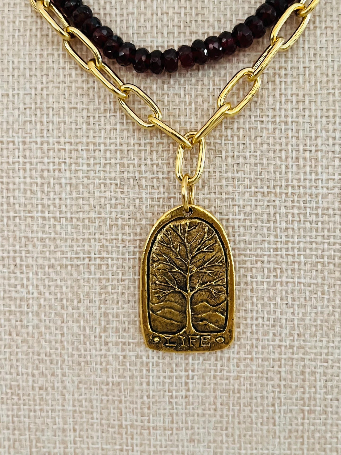 Gold Paperclip Layering Necklace with Large Tree of Life Pendant Gorgeous Layering Statement Necklace Modern Gold Layering Necklace