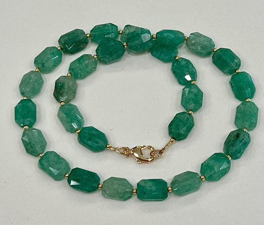 Green Strawberry Quartz Beaded Necklace 18k Gold Filled Clasp Green Beaded Layering Semi-Precious Stones 10x14mm Faceted Rectangle Stones