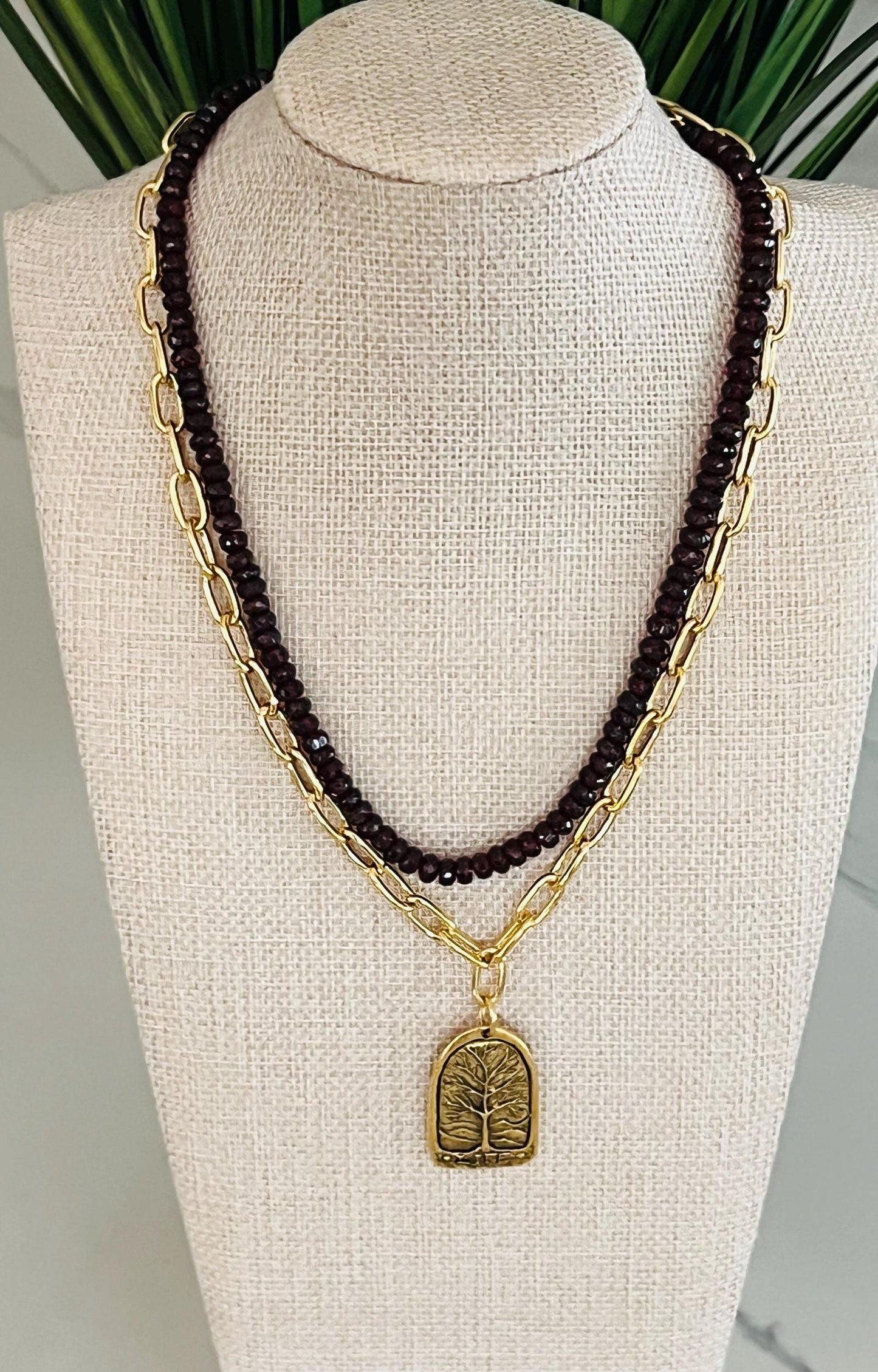 Gold Paperclip Layering Necklace with Large Tree of Life Pendant Gorgeous Layering Statement Necklace Modern Gold Layering Necklace