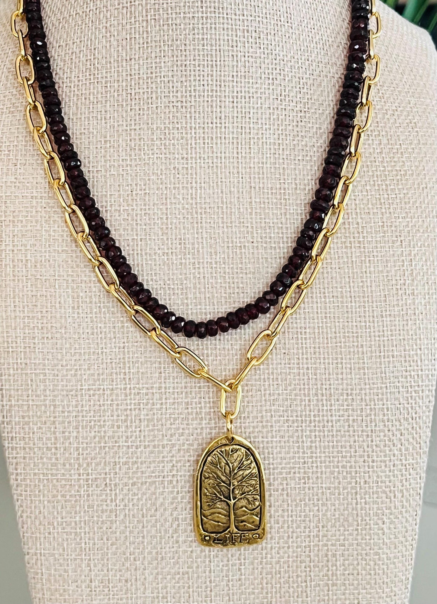 Gold Paperclip Layering Necklace with Large Tree of Life Pendant Gorgeous Layering Statement Necklace Modern Gold Layering Necklace