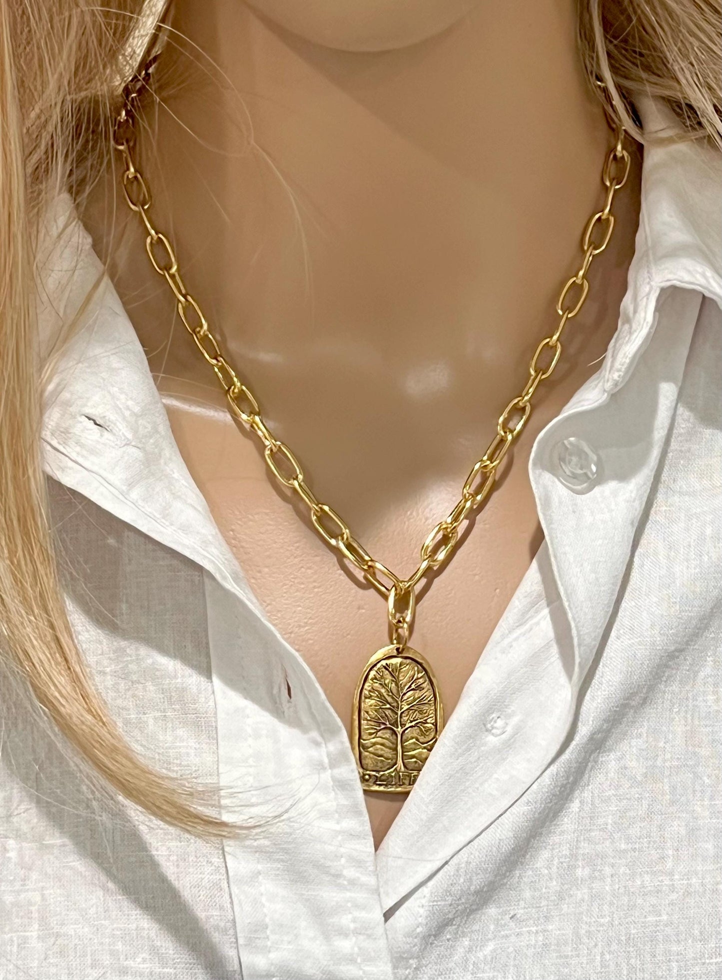 Gold Paperclip Layering Necklace with Large Tree of Life Pendant Gorgeous Layering Statement Necklace Modern Gold Layering Necklace