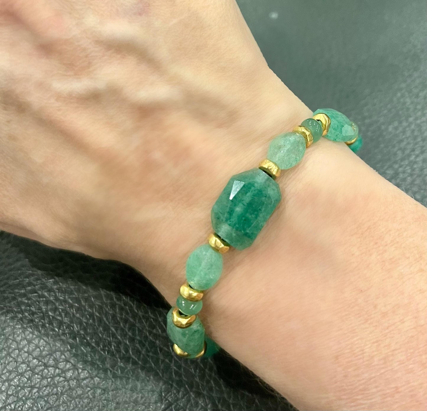 Green Strawberry Quartz Beaded Bracelet Non-tarnishGold Plated Pewter Accent Beads/Clasp Green Quartz Gemstones Natural Gemstone Bracelet