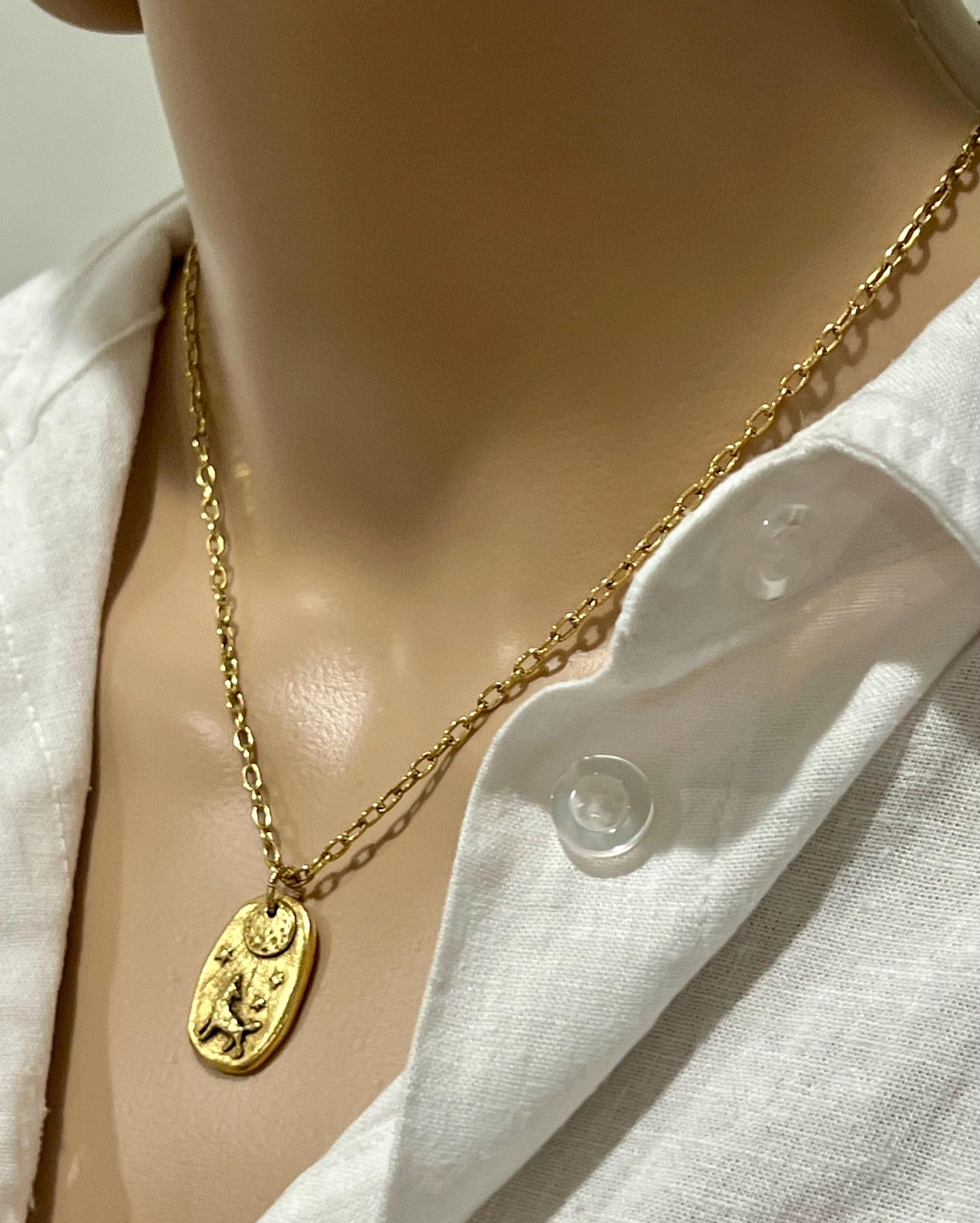 Gold Delicate Paperclip Layering Necklace with Howl at the Moon Wolf & Moon Pendant Gorgeous Layering Statement Necklace Green Girl Studios