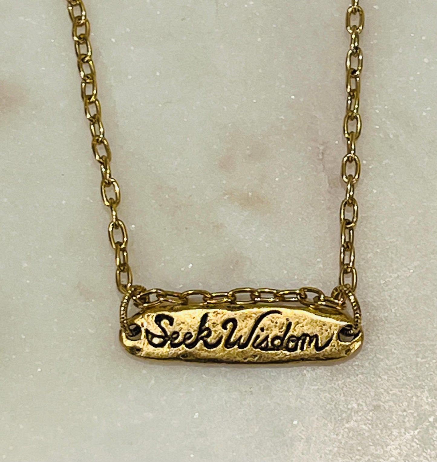 Gold Delicate Paperclip Layering Necklace with Floral Vine Bar Pendant Gorgeous Layering Statement Necklace Green Girl Studios Seek Wisdom