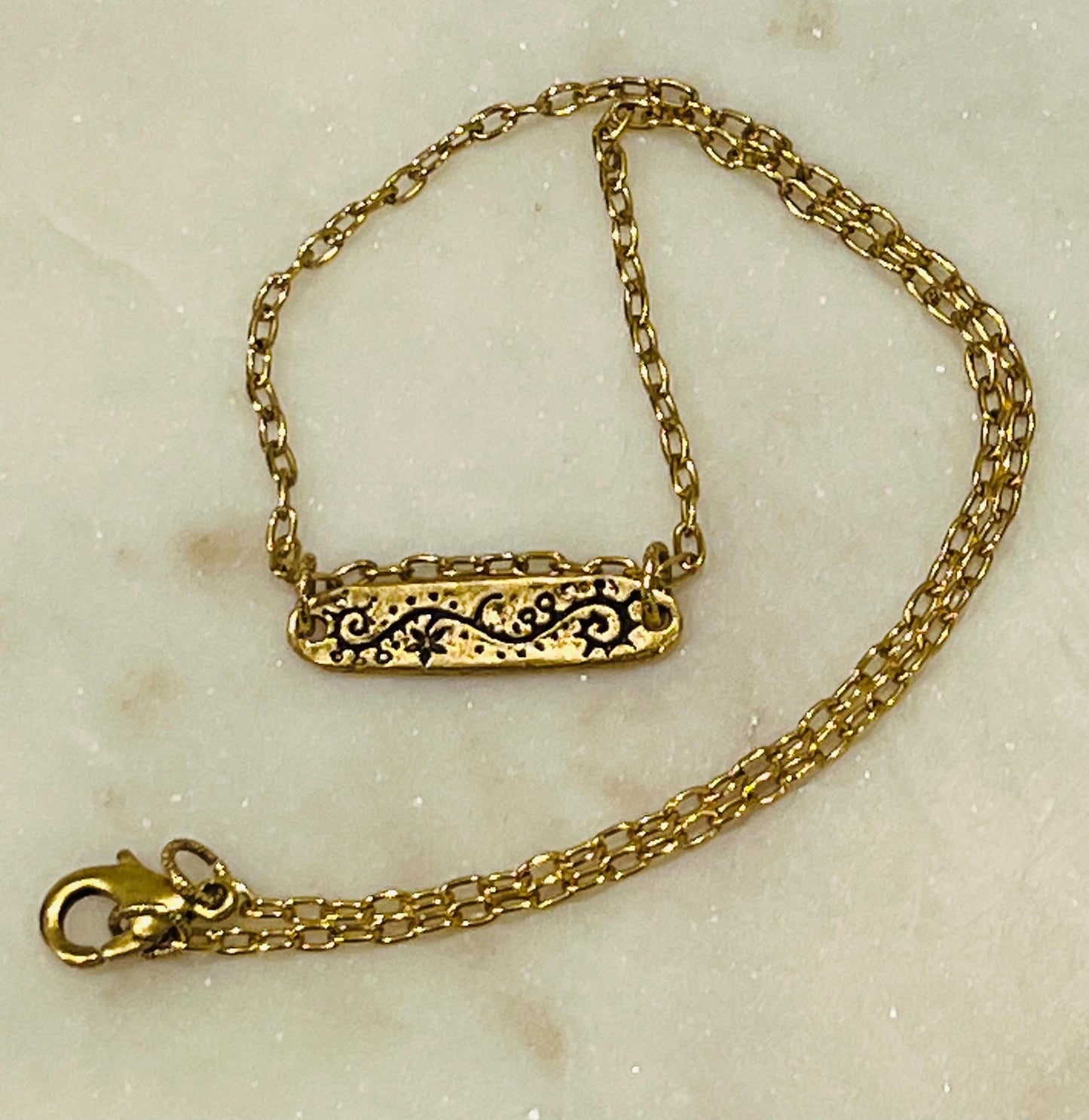 Gold Delicate Paperclip Layering Necklace with Floral Vine Bar Pendant Gorgeous Layering Statement Necklace Green Girl Studios Seek Wisdom