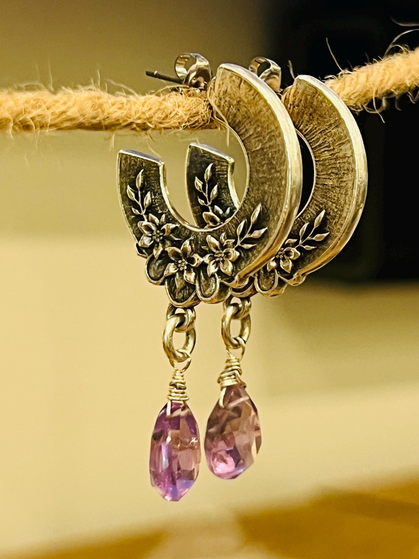 Silver Amethyst Post Earrings Non-Tarnish Silver Plated Pewter Blossom Floral Patterned Vintage Inspired Earrings Gorgeous Sparkling Stones