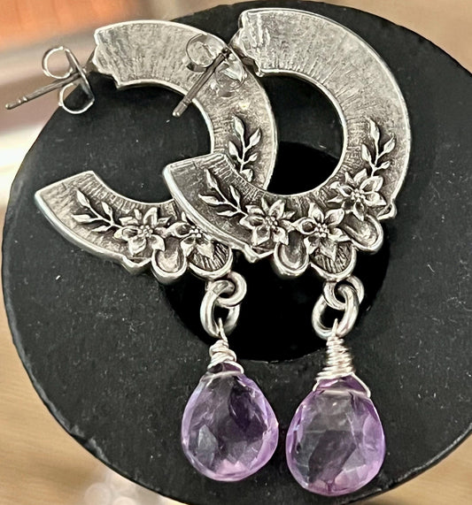 Silver Amethyst Post Earrings Non-Tarnish Silver Plated Pewter Blossom Floral Patterned Vintage Inspired Earrings Gorgeous Sparkling Stones