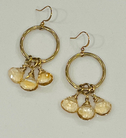 Sparkling Citrine and Gold Hoop Earrings Gorgeous Faceted Citrine Briolettes Earrings Drop Earrings 2 inches in Length Citrine Earrings