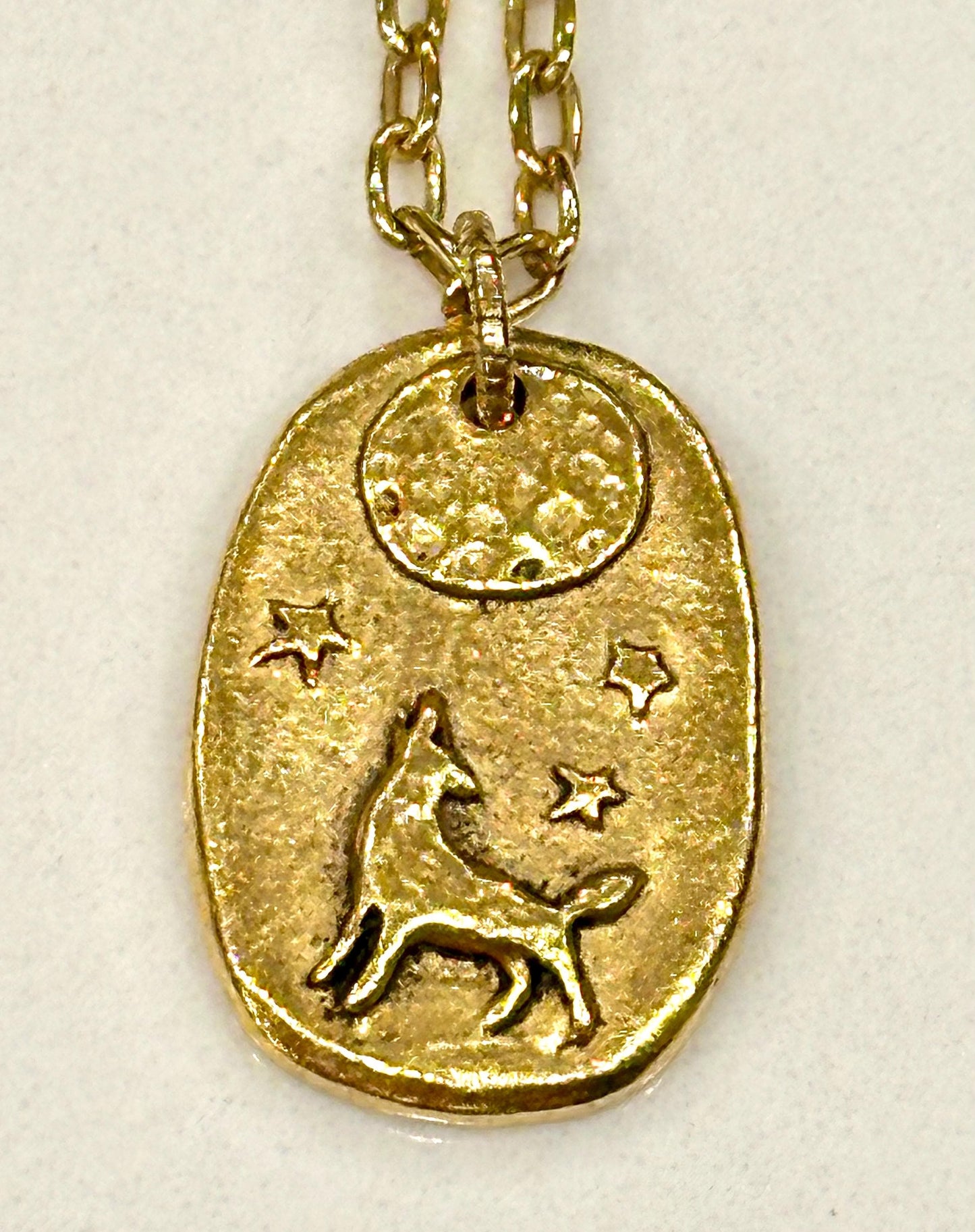 Gold Delicate Paperclip Layering Necklace with Howl at the Moon Wolf & Moon Pendant Gorgeous Layering Statement Necklace Green Girl Studios