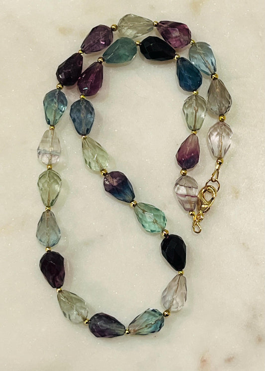 Fluorite Beaded Necklace Sparkling Faceted Tear Shape High Quality Fluorite Necklace with 18k Gold Filled Clasp and Beads AAA Fluorite