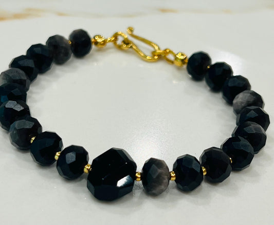 Black Obsidian Bracelet Black Obsidian Faceted Beaded Bracelet with Non-tarnish Gold Plated Pewter Clasp/Beads Center Obsidian Stone
