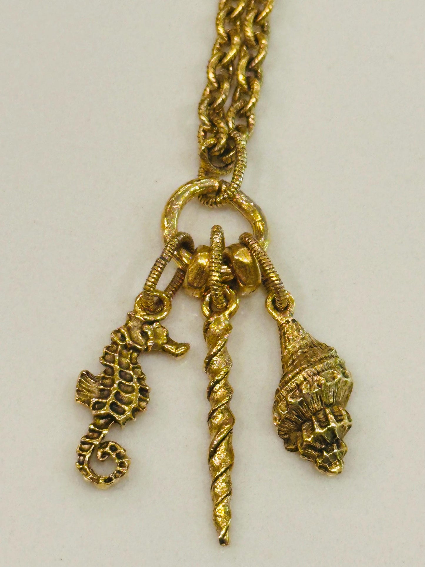 Gold Classic Textured Cable Chain Nautical Necklace Seahorse/Conche Shell/Narwal Charm Necklace Non-tarnish Gold Plated Pewter