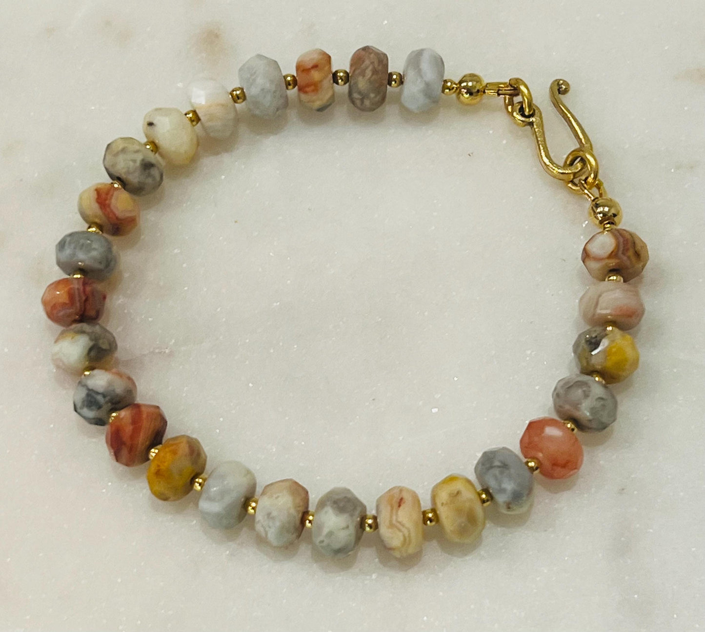 Crazy Lace Agate Beaded Bracelet 6x8mm Faceted Rondelle Crazy Lace Agate Stones with Decorative Gold Easy Clasp Natural Gemstone Bracelet