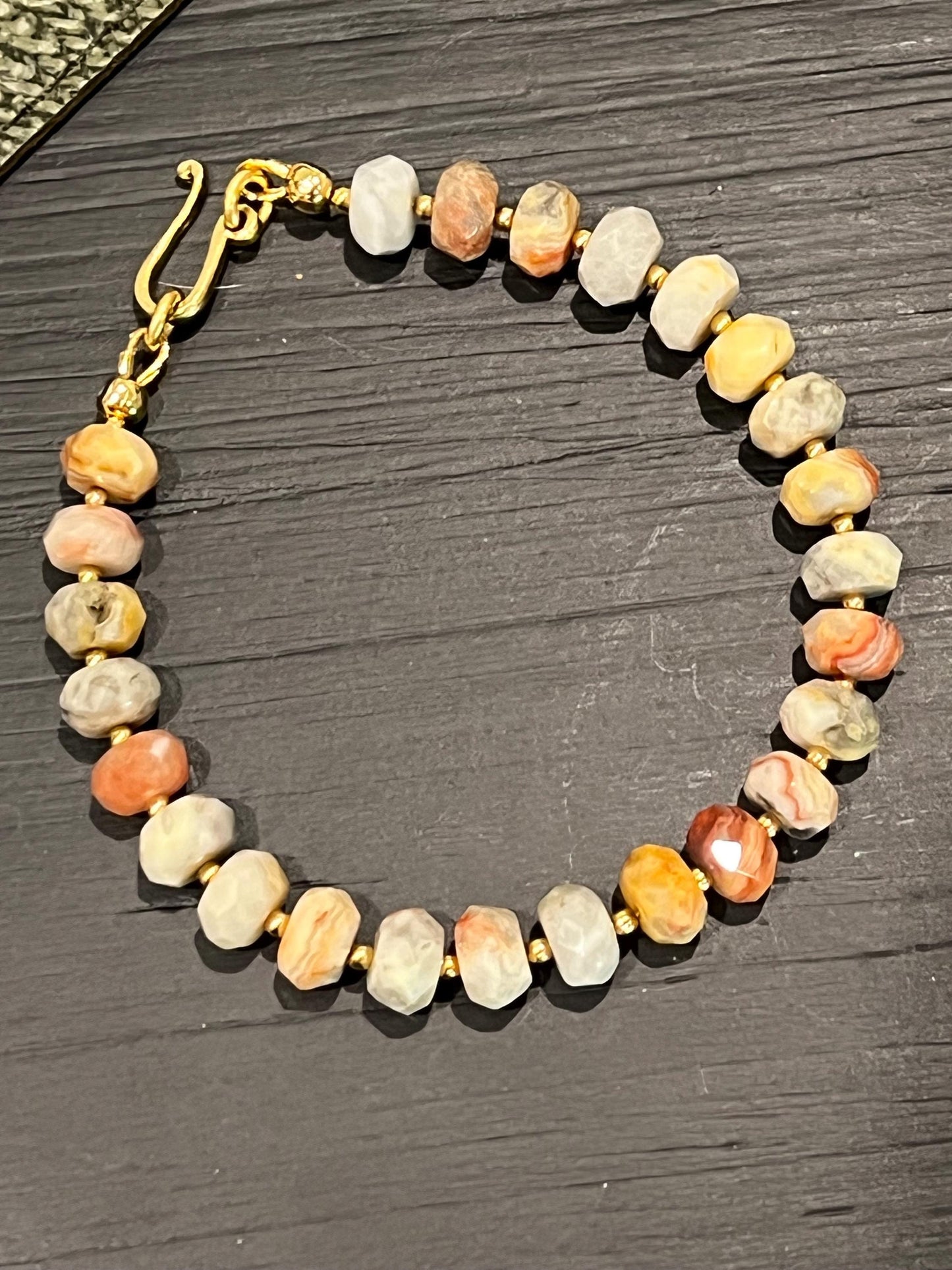 Crazy Lace Agate Beaded Bracelet 6x8mm Faceted Rondelle Crazy Lace Agate Stones with Decorative Gold Easy Clasp Natural Gemstone Bracelet