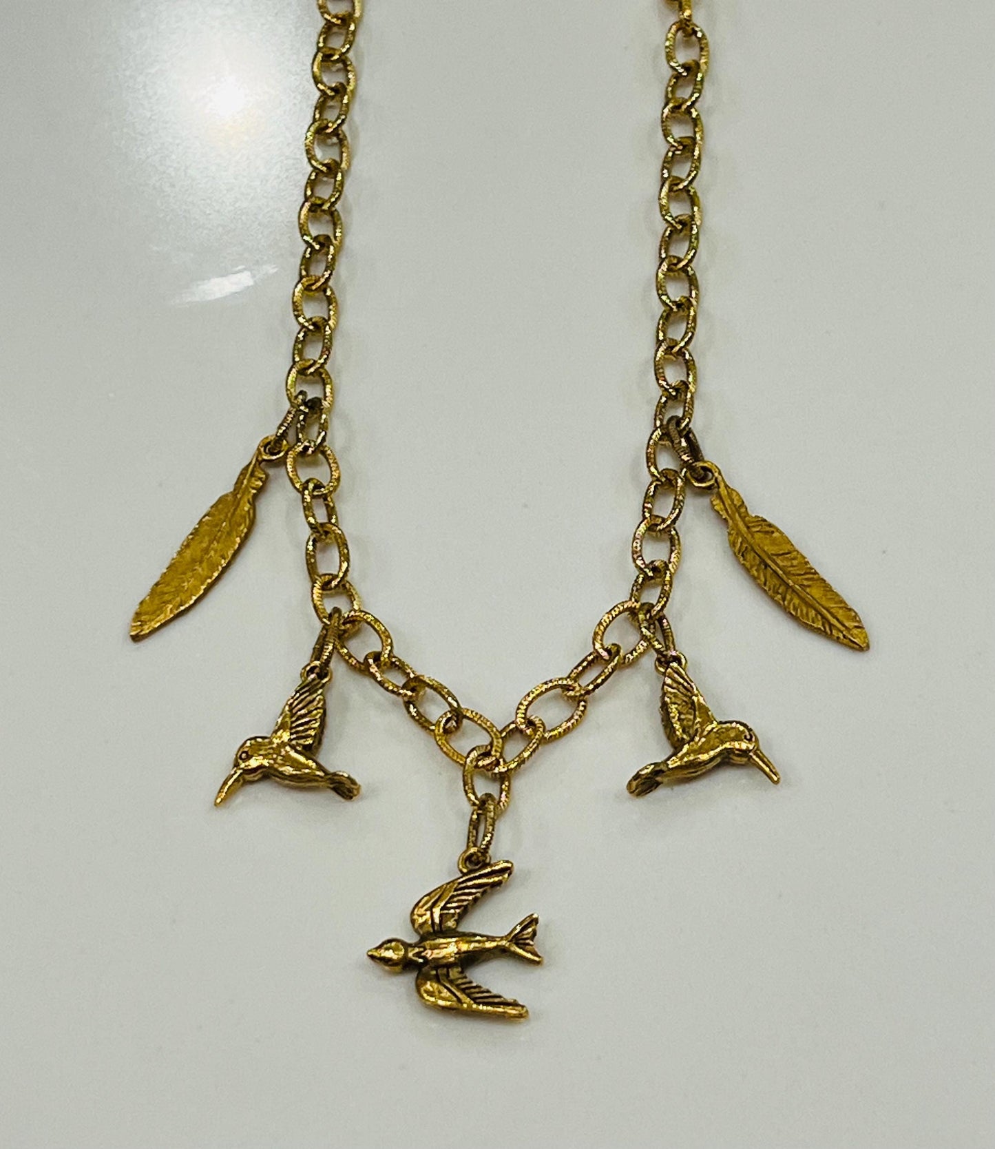 Gold Classic Textured Cable Chain Birds of a Feather Charm Necklace Non-tarnish Gold Plated Pewter Bird and Feather Pendant Necklace