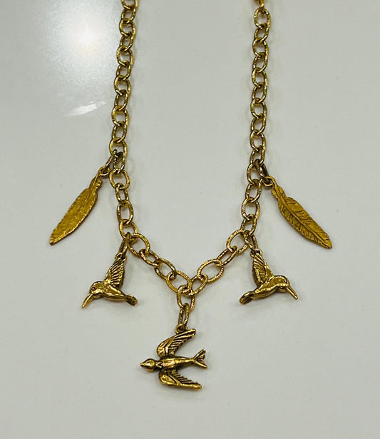 Gold Classic Textured Cable Chain Birds of a Feather Charm Necklace Non-tarnish Gold Plated Pewter Bird and Feather Pendant Necklace