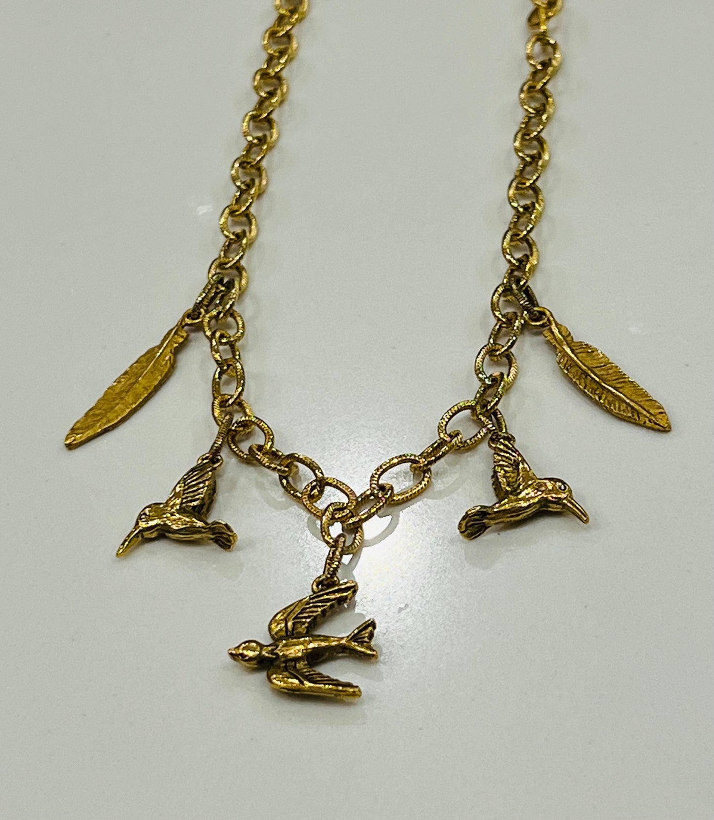 Gold Classic Textured Cable Chain Birds of a Feather Charm Necklace Non-tarnish Gold Plated Pewter Bird and Feather Pendant Necklace