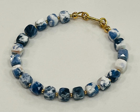 Sodalite Beaded Bracelet with Gold Decorative Clasp 7mm Faceted Cubed Sparkling Sodalite Beaded Bracelet Blue and White Beaded Bracelet