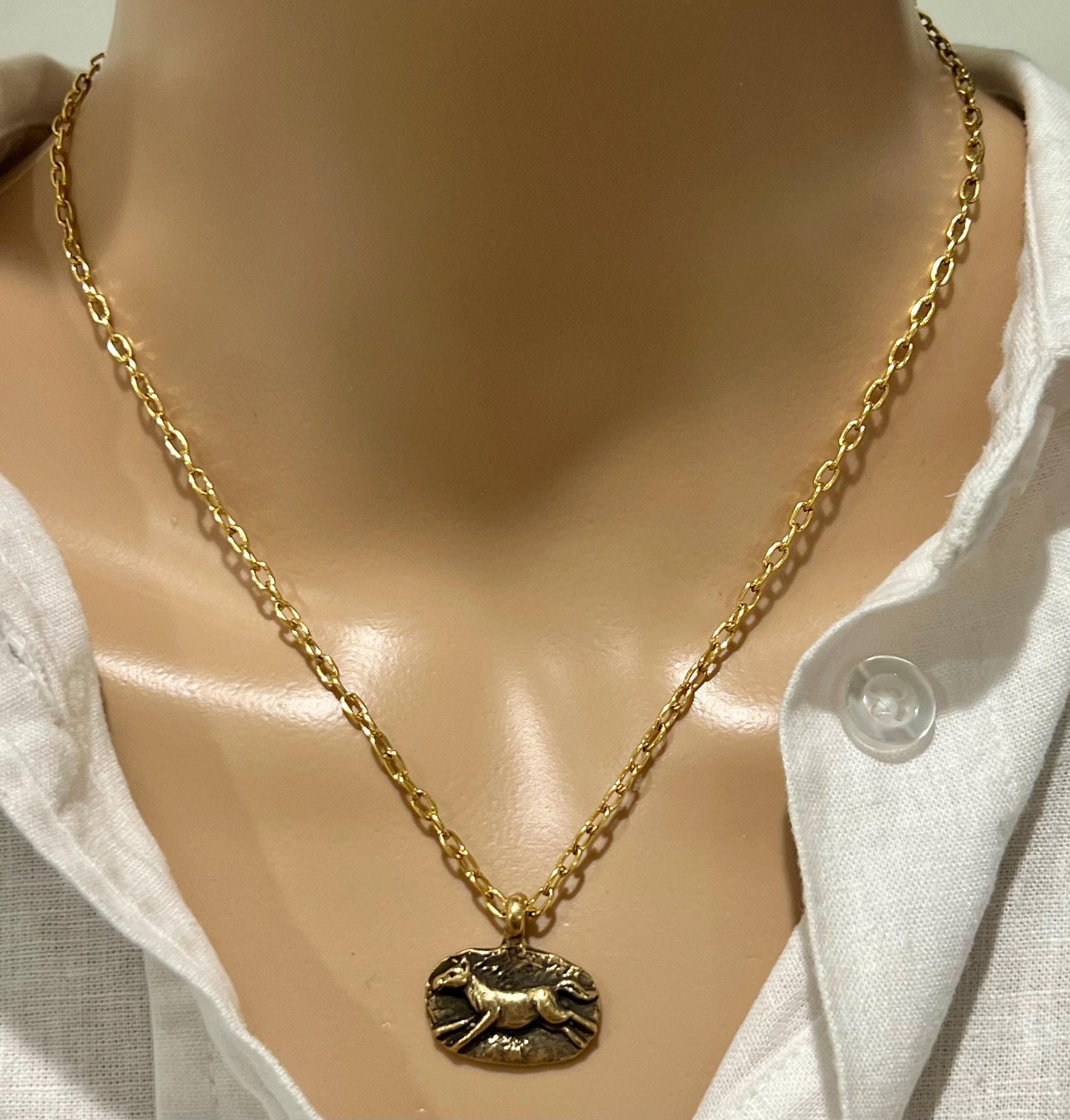 Gold Delicate Paperclip Layering Necklace Horse Pendant Gorgeous Layering Statement Necklace Whimsical Gold Necklace Green Girl Studios