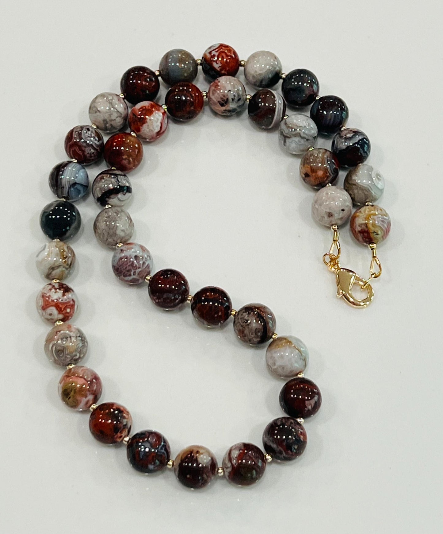 Mexican Crazy Lace Agate Beaded Necklace 18k Gold Filled Clasp/Beads 10mm Smooth Round Natural Gemstones Gorgeous Vibrant Crazy Lace Agate