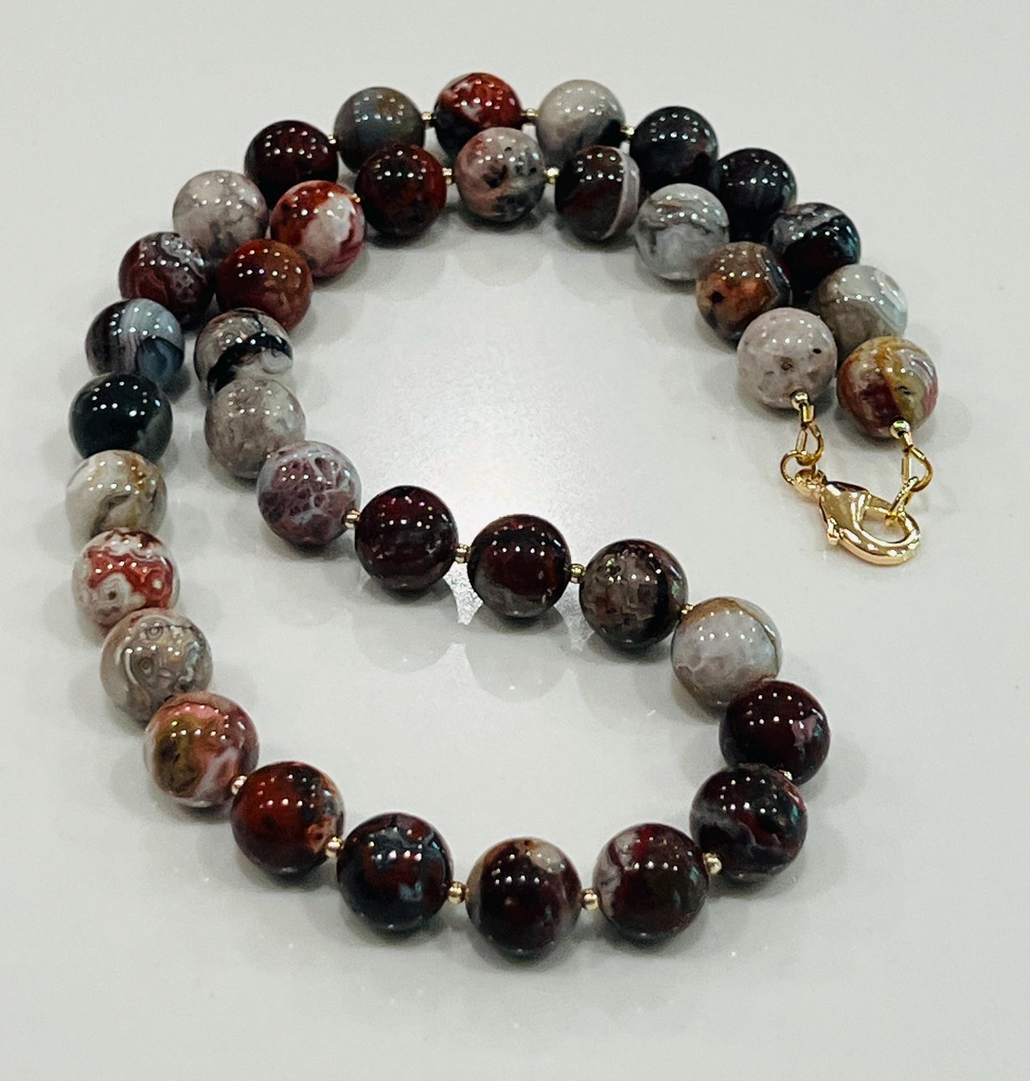Mexican Crazy Lace Agate Beaded Necklace 18k Gold Filled Clasp/Beads 10mm Smooth Round Natural Gemstones Gorgeous Vibrant Crazy Lace Agate
