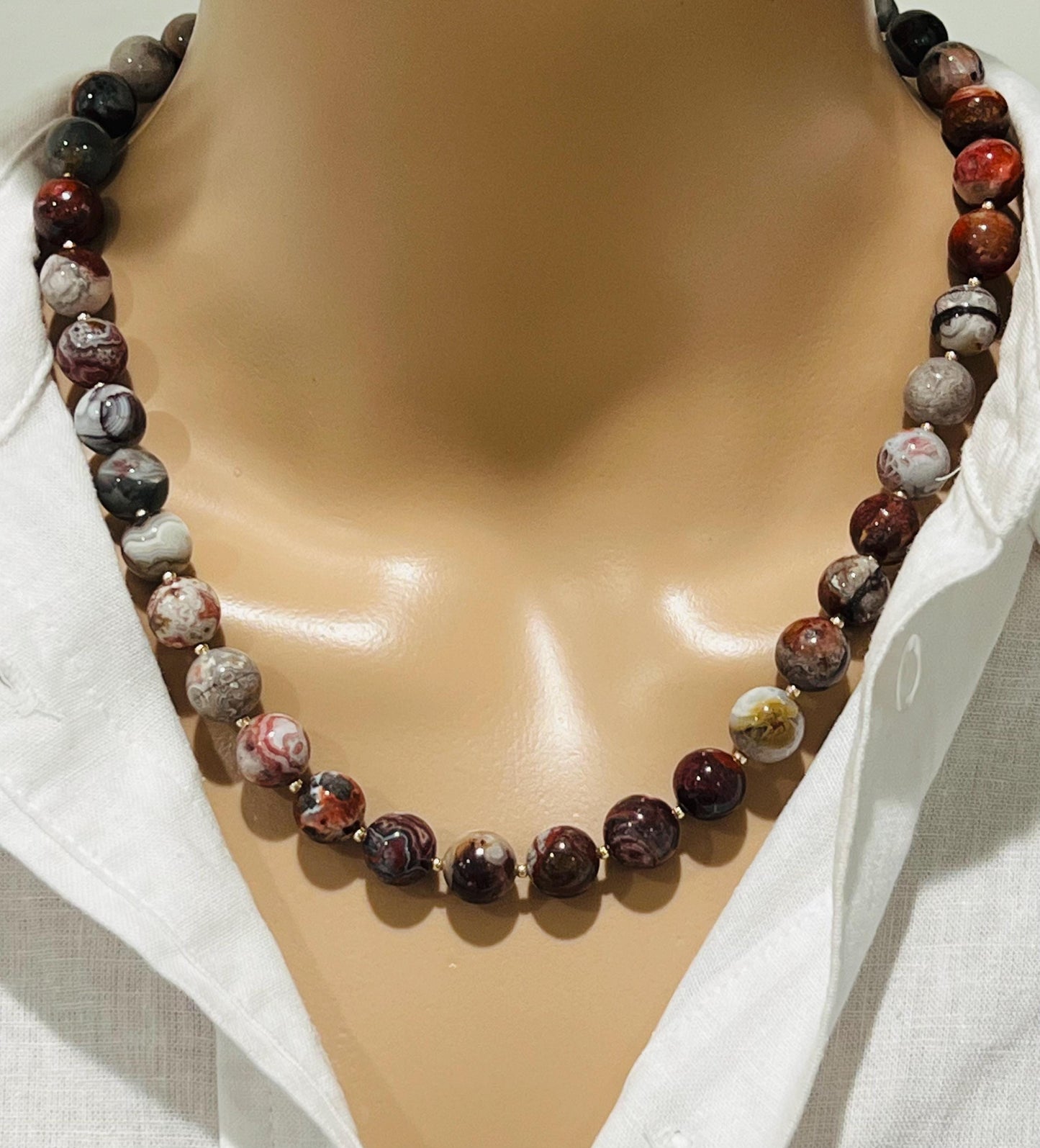 Mexican Crazy Lace Agate Beaded Necklace 18k Gold Filled Clasp/Beads 10mm Smooth Round Natural Gemstones Gorgeous Vibrant Crazy Lace Agate