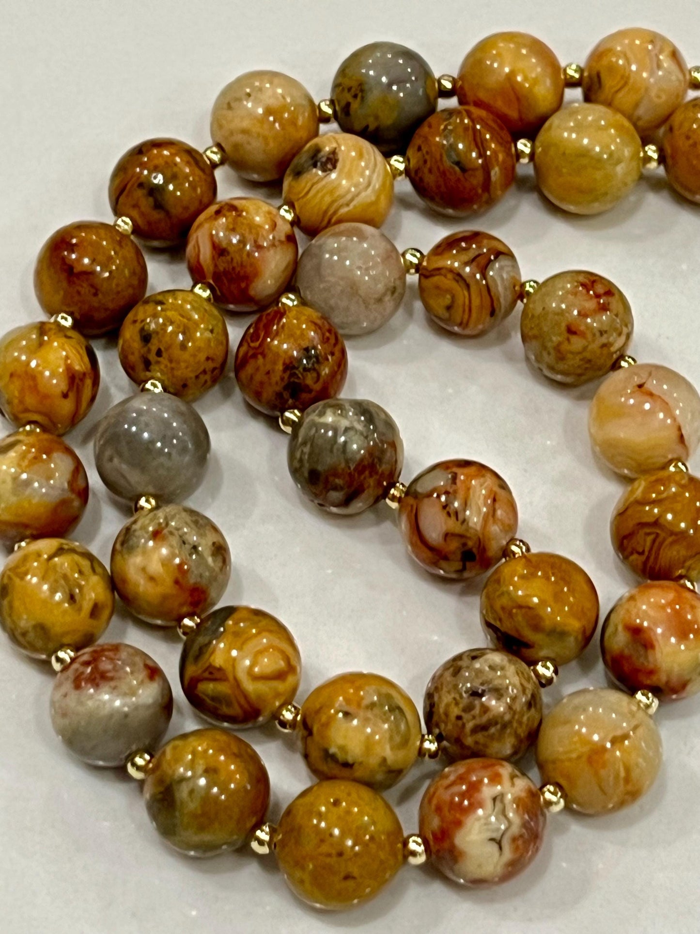 Crazy Lace Agate Beaded Necklace 18k Gold Filled Clasp/Beads Yellow Gold Beaded Agate Necklace Gorgeous Vibrant Necklace 10mm Smooth Stones