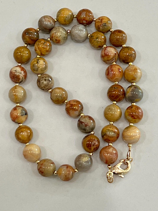 Crazy Lace Agate Beaded Necklace 18k Gold Filled Clasp/Beads Yellow Gold Beaded Agate Necklace Gorgeous Vibrant Necklace 10mm Smooth Stones